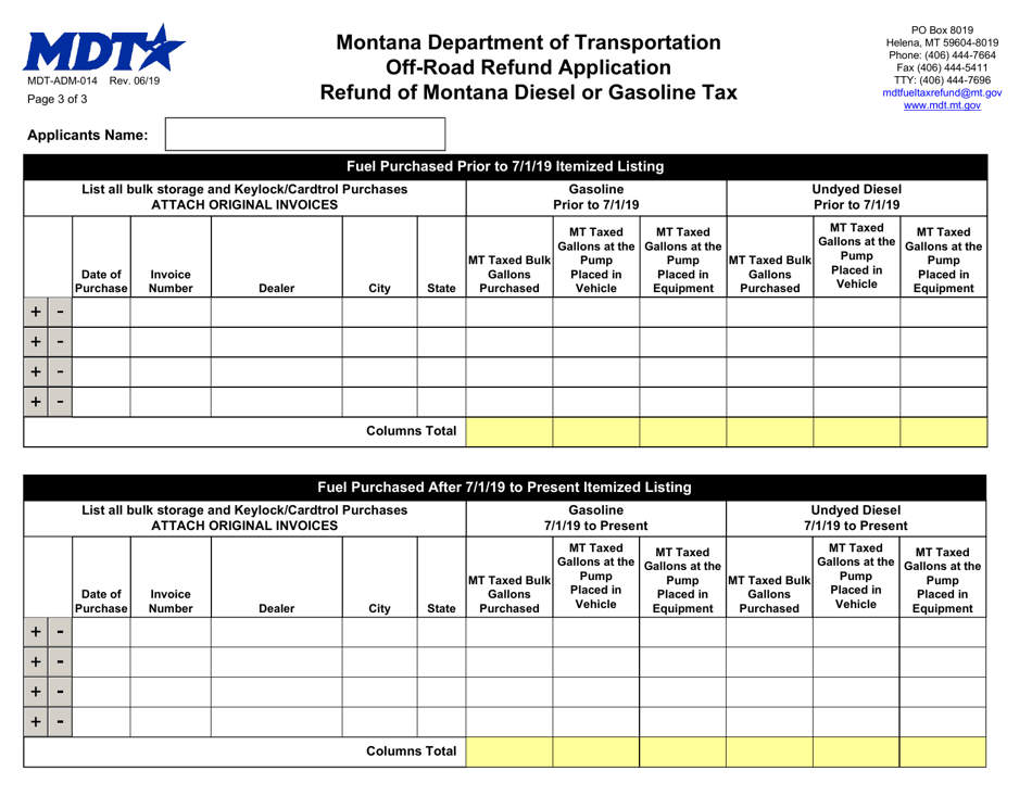 Form MDT-ADM-014 Off-Road Refund of Montana Diesel and / or Gasoline Tax Application - Montana, Page 3