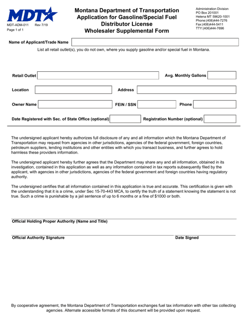 Form MDT-ADM-011 Application for Gasoline/Special Fuel Distributor License Wholesaler Supplemental Form - Montana