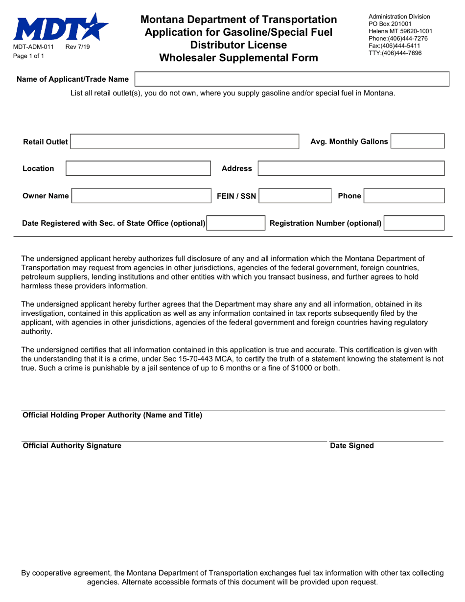Form MDT-ADM-011 Application for Gasoline / Special Fuel Distributor License Wholesaler Supplemental Form - Montana, Page 1