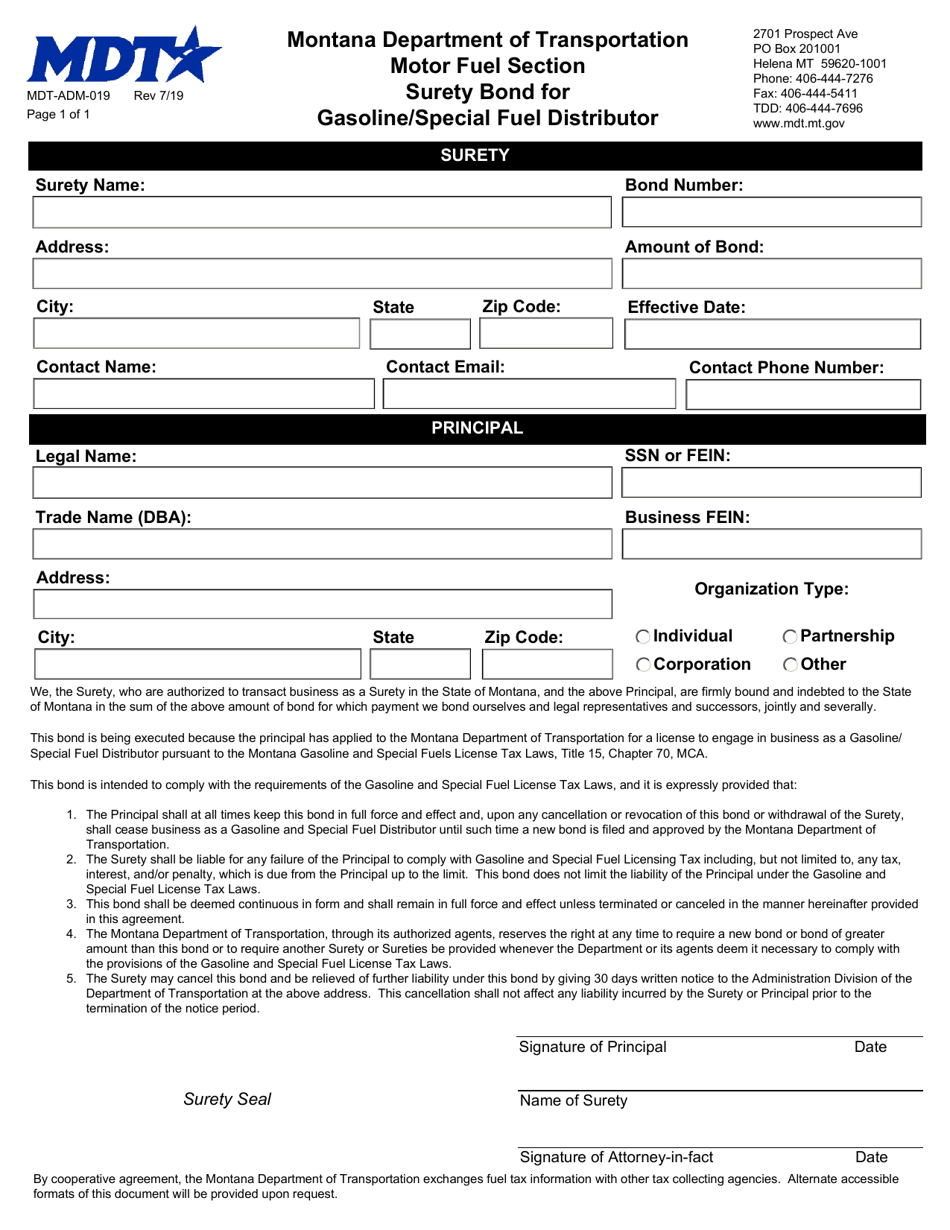 Form MDT-ADM-019 Surety Bond for Gasoline / Special Fuel Distributor - Montana, Page 1