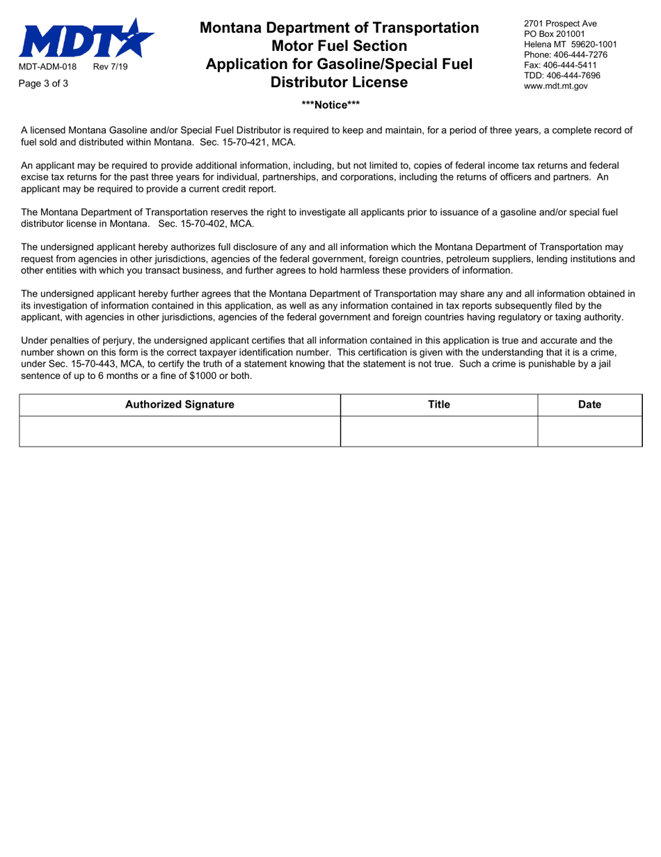 Form MDT-ADM-018 Application for Gasoline / Special Fuel Distributor License - Montana, Page 3