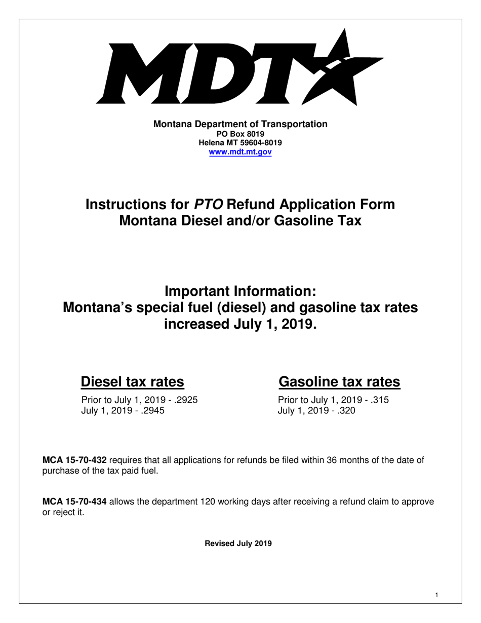 Instructions for Form MDT-ADM-015 Pto Refund of Montana Diesel and/or Gas Tax Application - Montana, Page 1