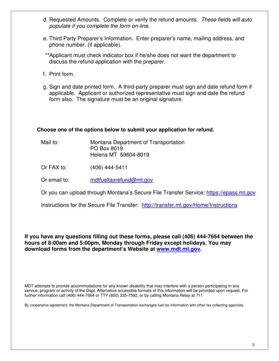 Instructions for Form MDT-ADM-015 Pto Refund of Montana Diesel and / or Gas Tax Application - Montana, Page 3