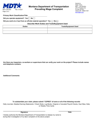 Form MDT-CON-004 &quot;Prevailing Wage Complaint&quot; - Montana, Page 2