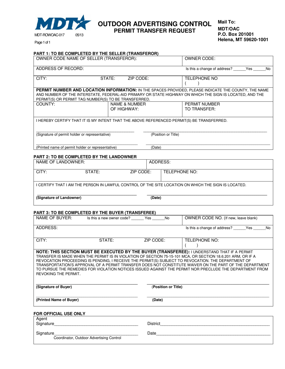 Form MDT-ROWOAC-017 Outdoor Advertising Control Permit Transfer Request - Montana, Page 1