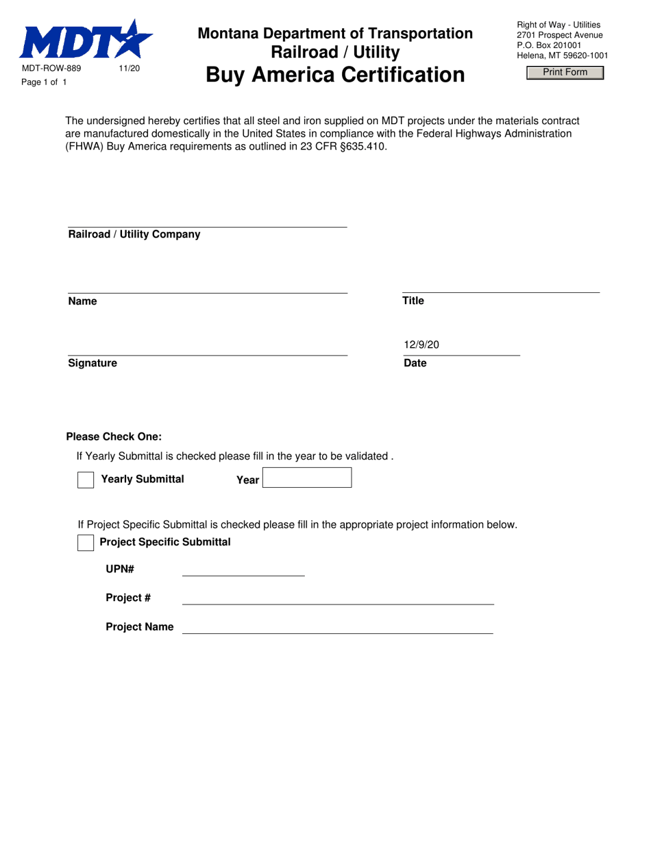 Form MDT-ROW-889 Buy America Certification - Montana, Page 1