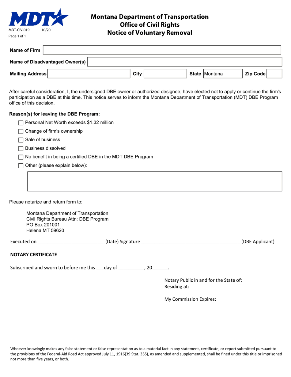 Form MDT-CIV-019 Notice of Voluntary Removal - Montana, Page 1