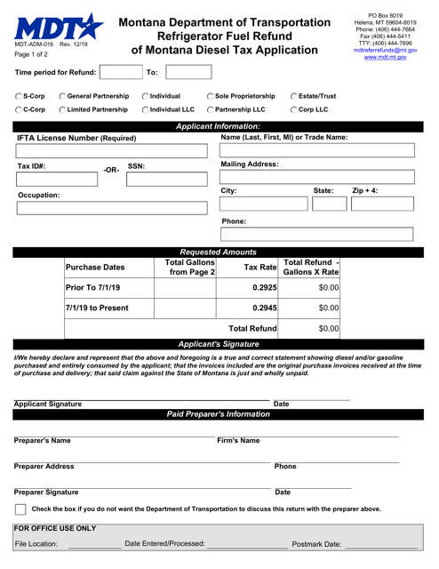 Document preview: Form MDT-ADM-016 Refrigerator Fuel Refund of Montana Diesel Tax Application - Montana