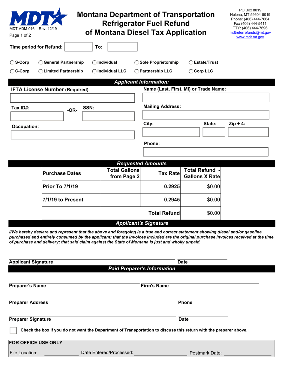 Form MDT-ADM-016 Refrigerator Fuel Refund of Montana Diesel Tax Application - Montana, Page 1