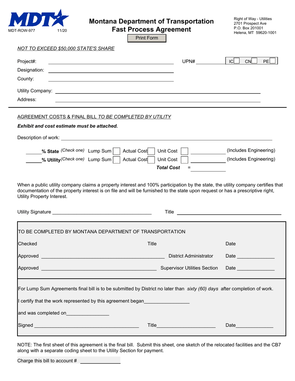 Form MDT-ROW-977 Fast Process Agreement - Montana, Page 1