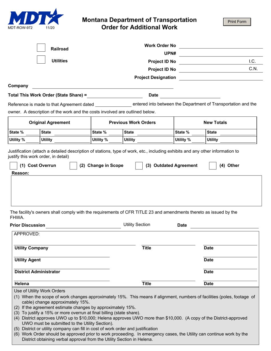 Form MDT-ROW-972 Order for Additional Work - Montana, Page 1