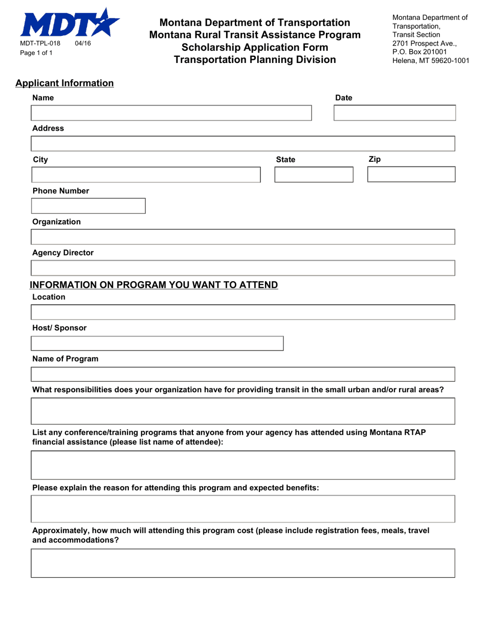 Form MDT-TPL-018 Scholarship Application Form - Montana, Page 1