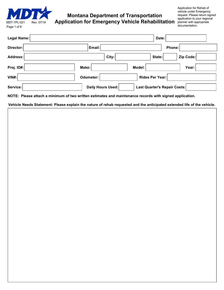 Form MDT-TPL-021 Application for Emergency Vehicle Rehabilitation - Montana, Page 1