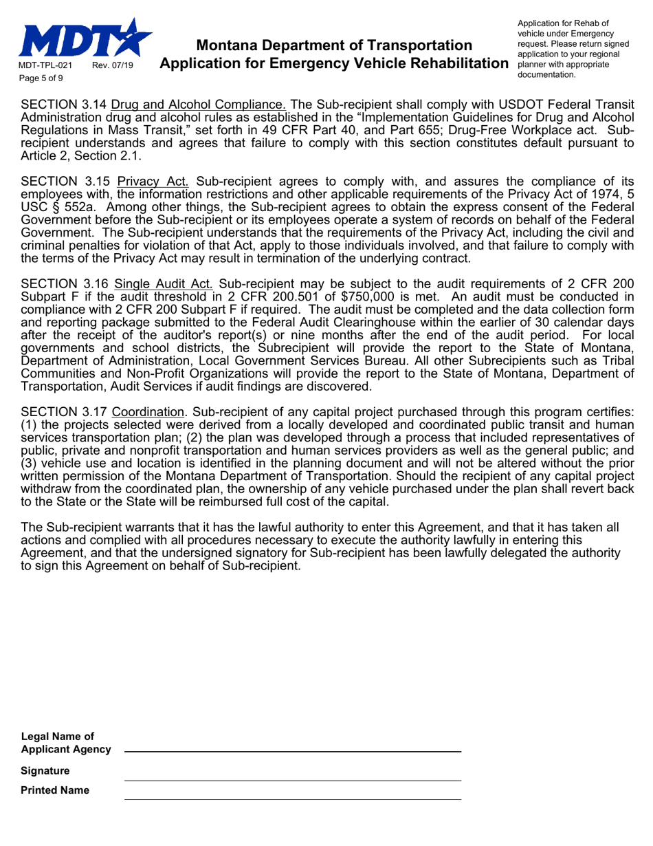 Form MDT-TPL-021 Application for Emergency Vehicle Rehabilitation - Montana, Page 5