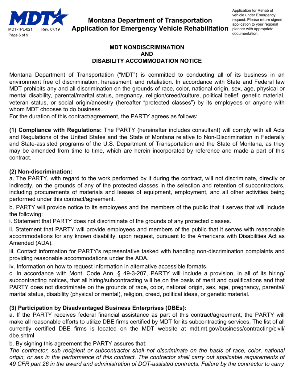 Form MDT-TPL-021 Application for Emergency Vehicle Rehabilitation - Montana, Page 6