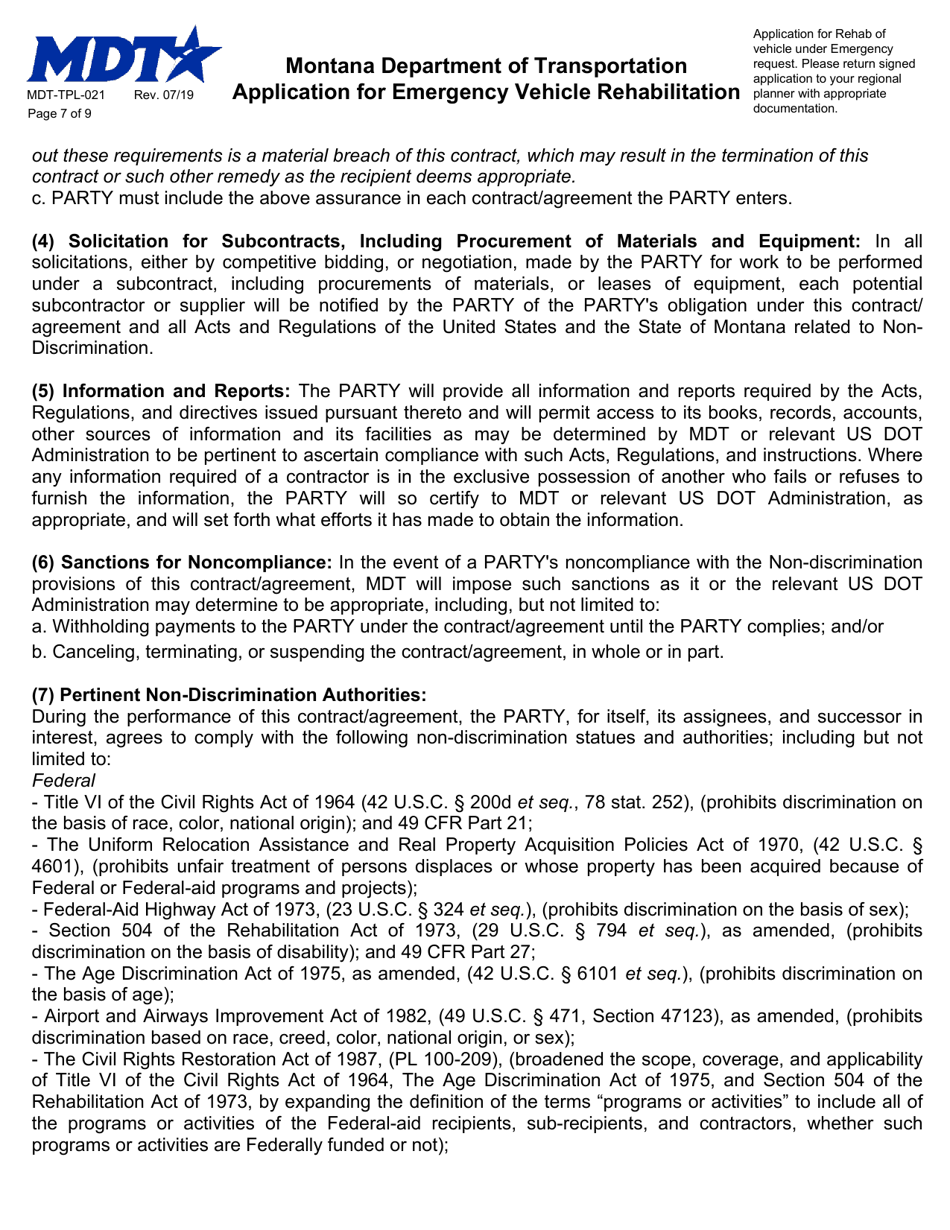 Form MDT-TPL-021 Application for Emergency Vehicle Rehabilitation - Montana, Page 7