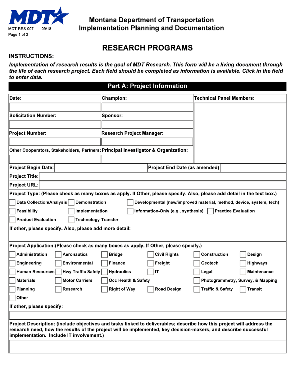 Form MDT-RES-007 Implementation Planning and Documentation - Montana, Page 1