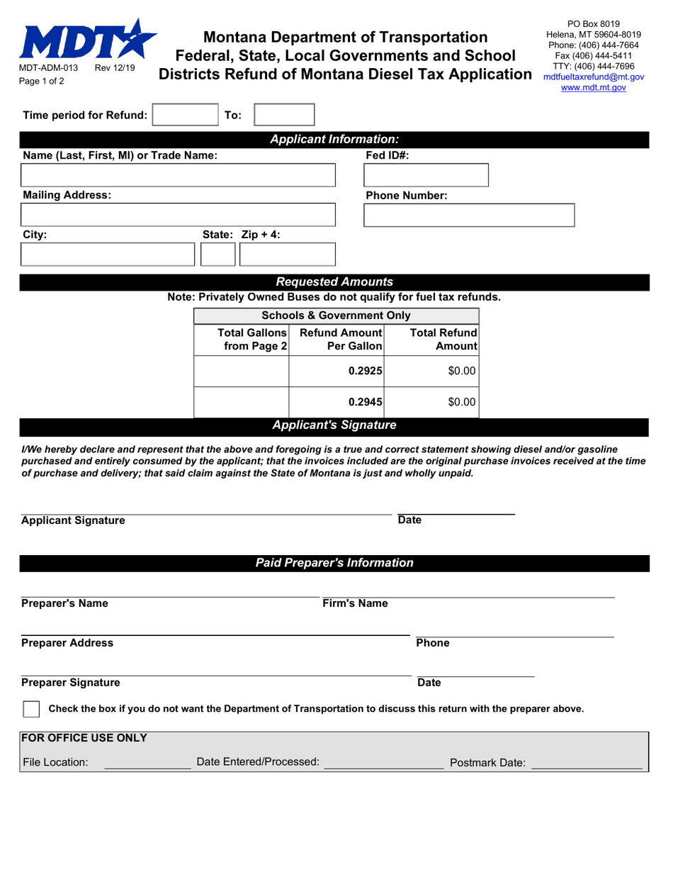 Form MDT-ADM-013 Federal, State, Local Governments and School Districts Refund of Montana Diesel Tax Application - Montana, Page 1