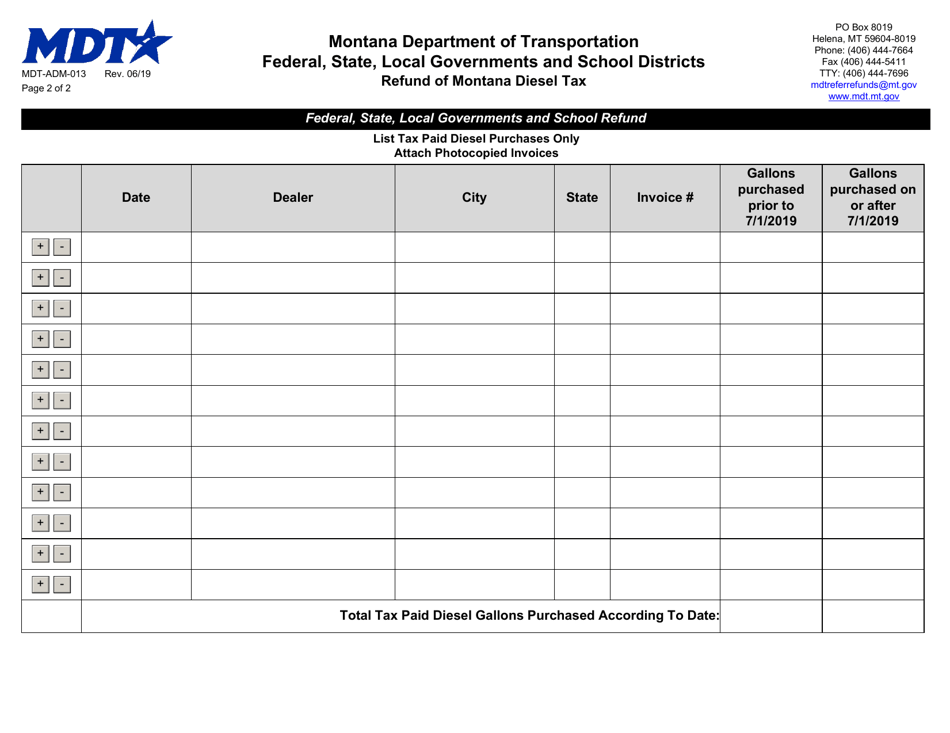 Form MDT-ADM-013 Federal, State, Local Governments and School Districts Refund of Montana Diesel Tax Application - Montana, Page 2