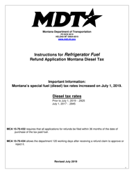 Instructions for Form MDT-ADM-016 Refrigerator Fuel Refund of Montana Diesel Tax Application - Montana