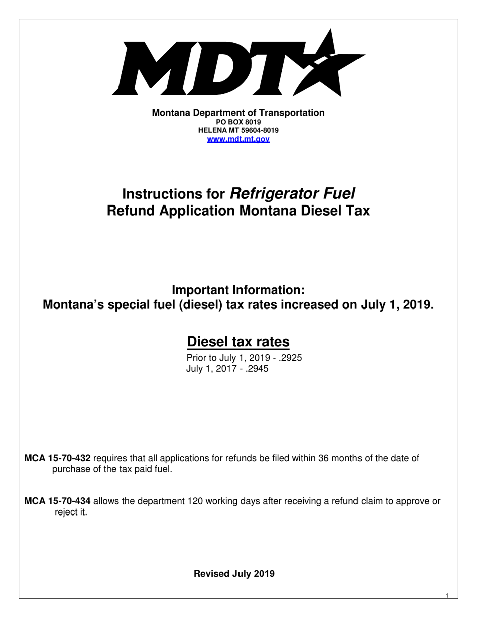 Instructions for Form MDT-ADM-016 Refrigerator Fuel Refund of Montana Diesel Tax Application - Montana, Page 1