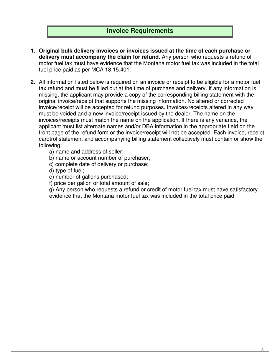 Instructions for Form MDT-ADM-016 Refrigerator Fuel Refund of Montana Diesel Tax Application - Montana, Page 3