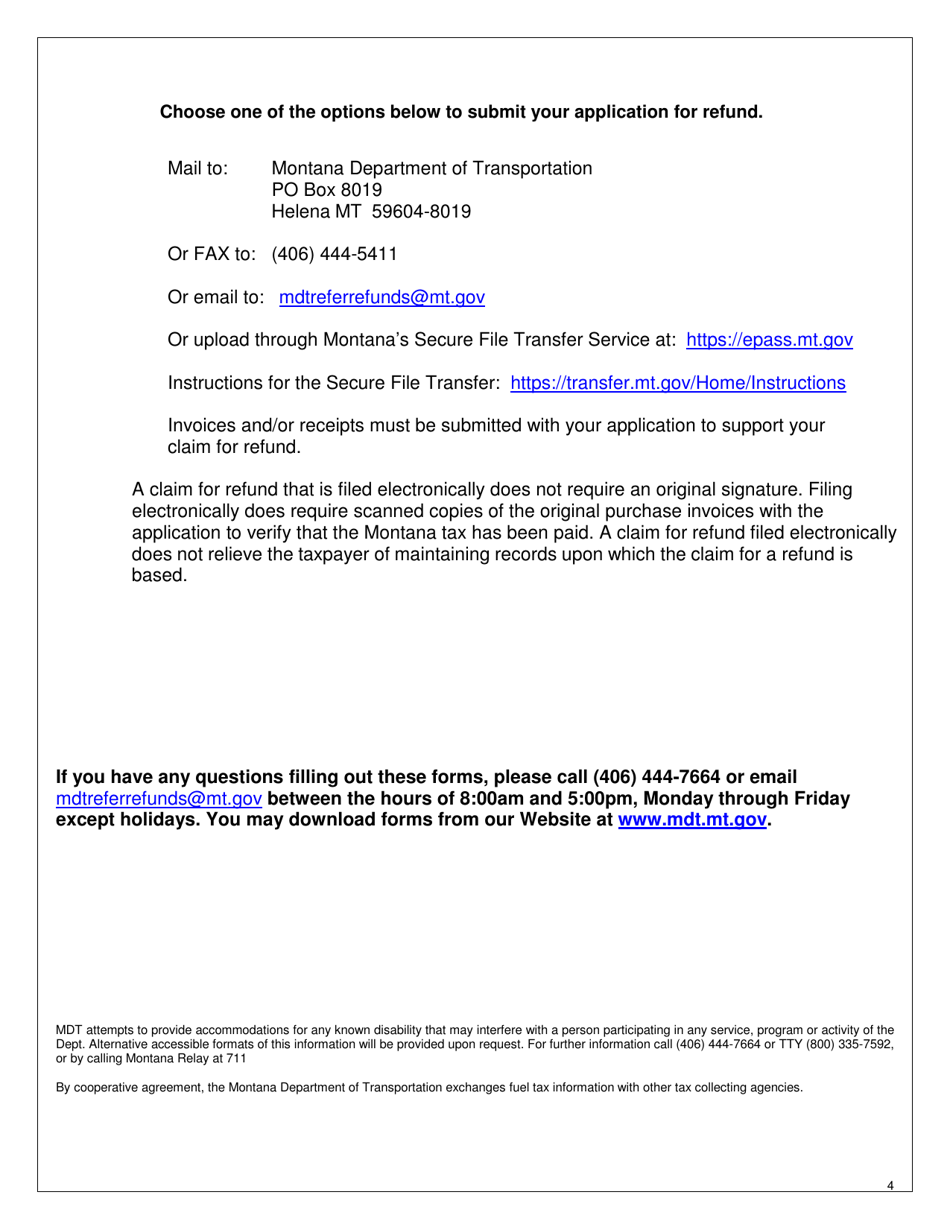 Instructions for Form MDT-ADM-016 Refrigerator Fuel Refund of Montana Diesel Tax Application - Montana, Page 4