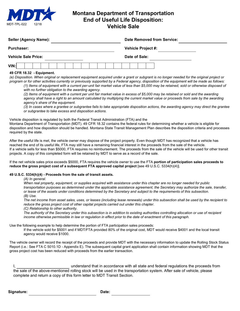 Form MDT-TPL-022 End of Useful Life Disposition: Vehicle Sale - Montana, Page 1