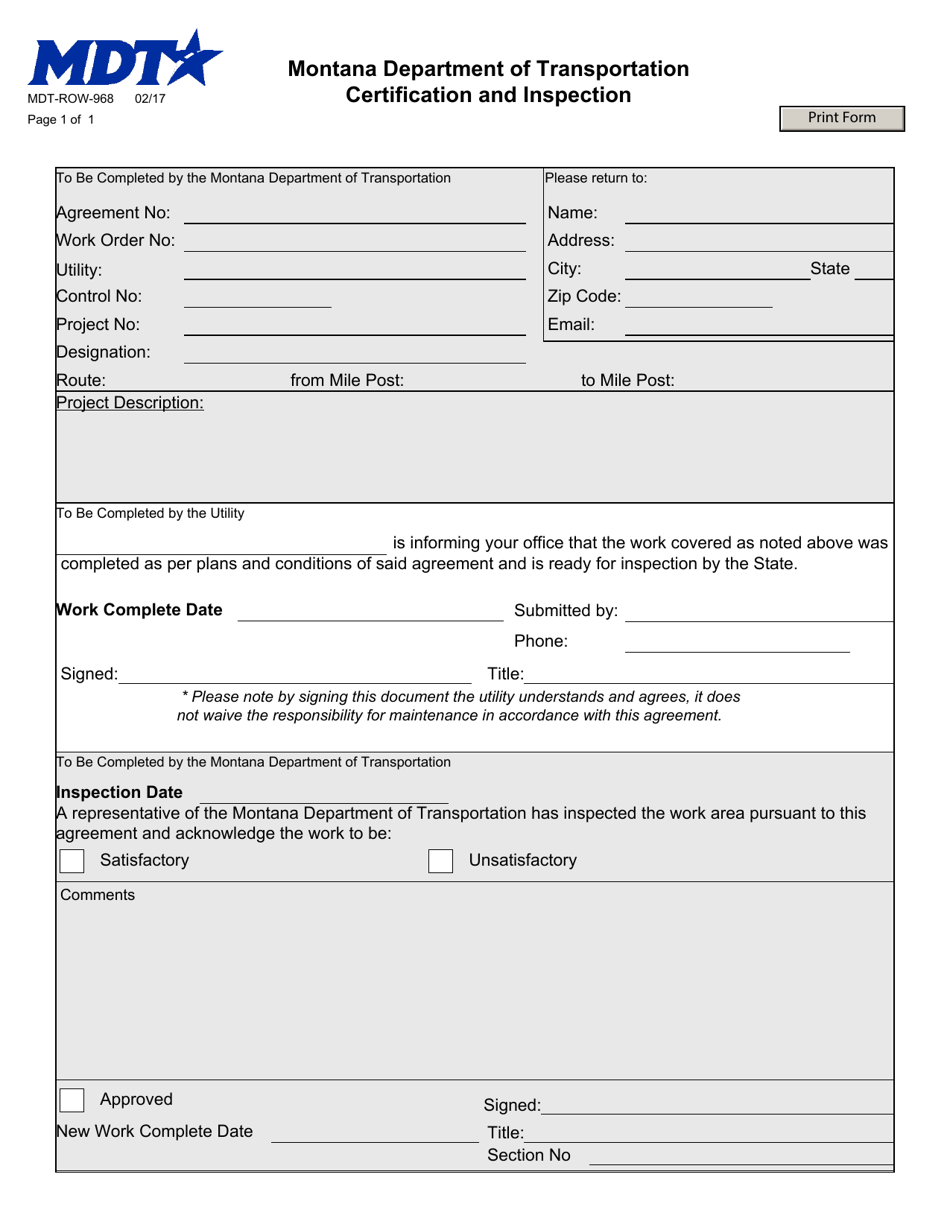 Form MDT-ROW-968 Certification and Inspection - Montana, Page 1