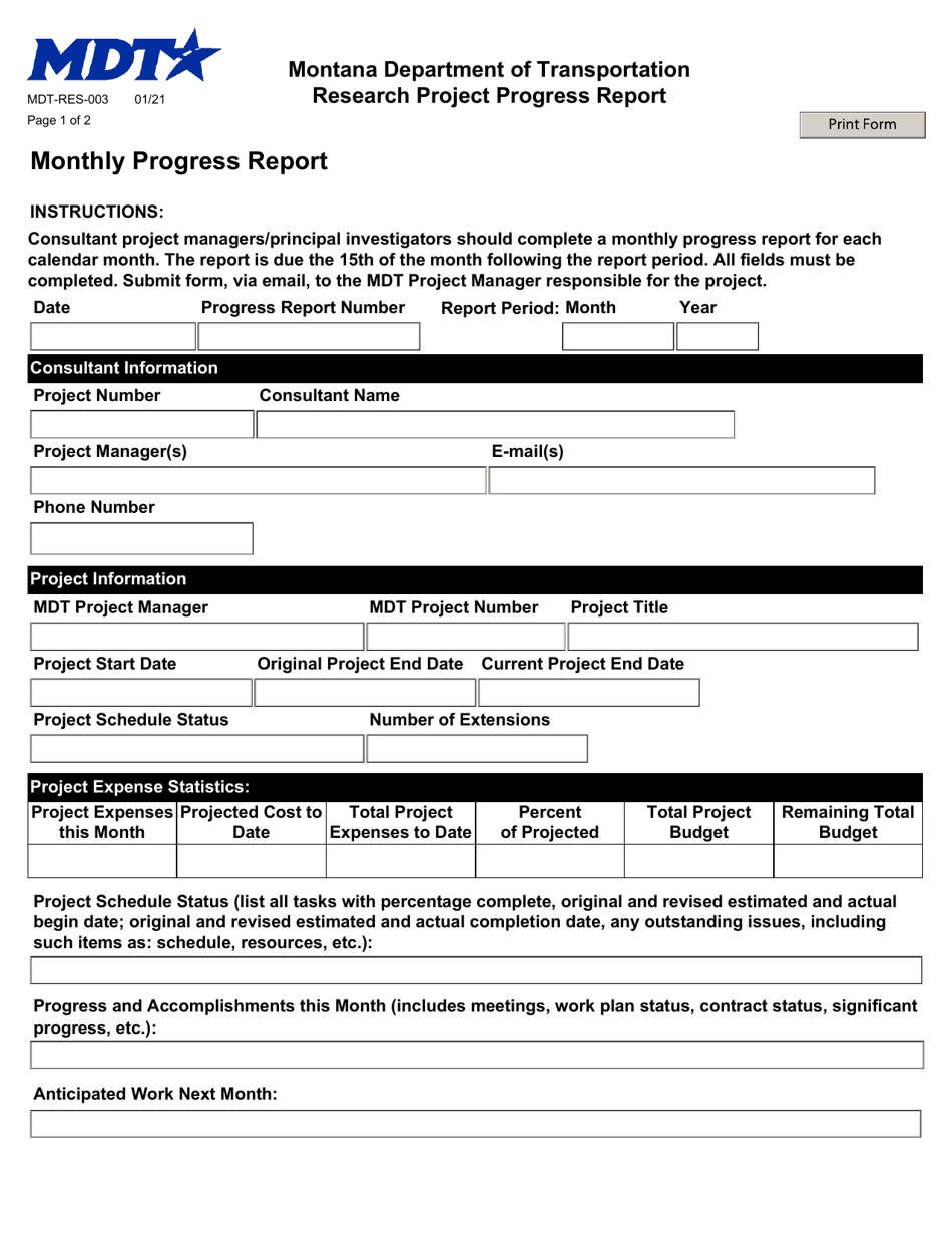 Form MDT-RES-003 Research Project Progress Report - Montana, Page 1