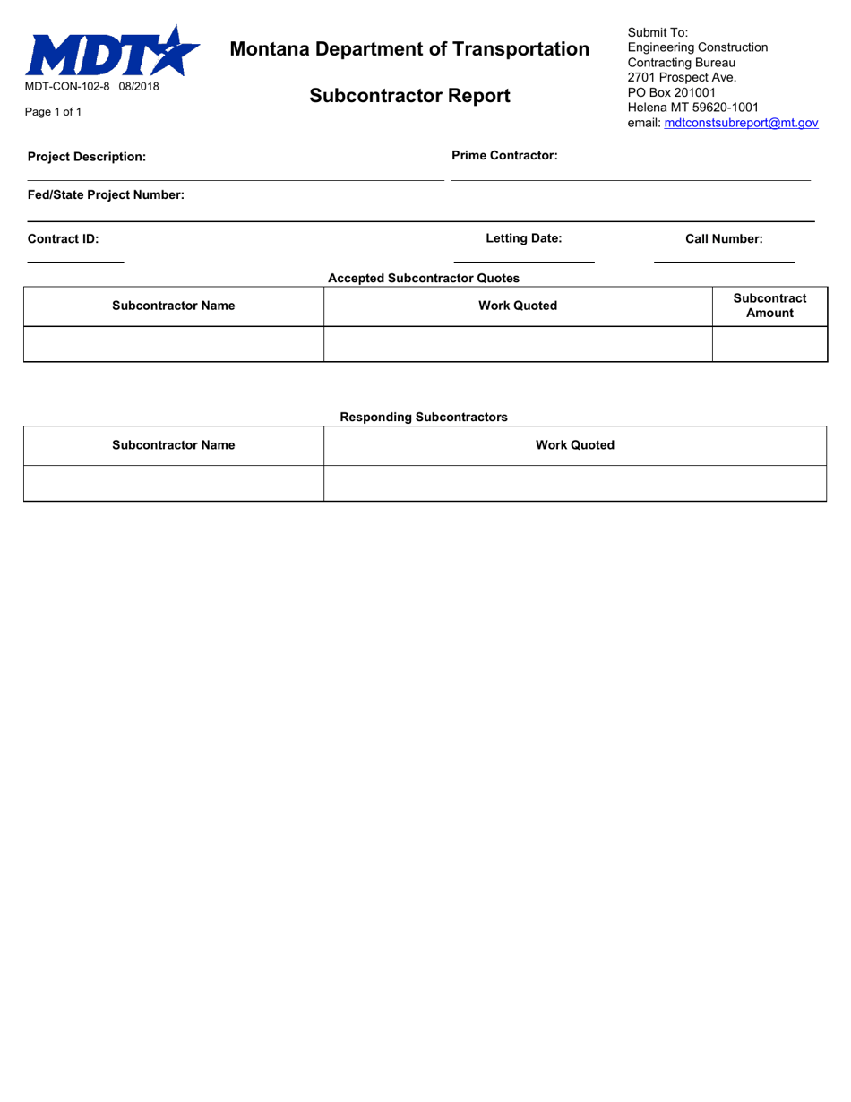 Form MDT-CON-102-8 Subcontractor Report - Montana, Page 1