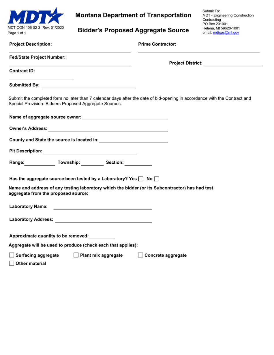 Form MDT-CON-106-02-3 Bidder's Proposed Aggregate Source - Montana, Page 1