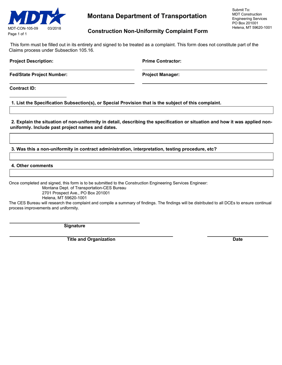 Form MDT-CON-105-09 Construction Non-uniformity Complaint Form - Montana, Page 1