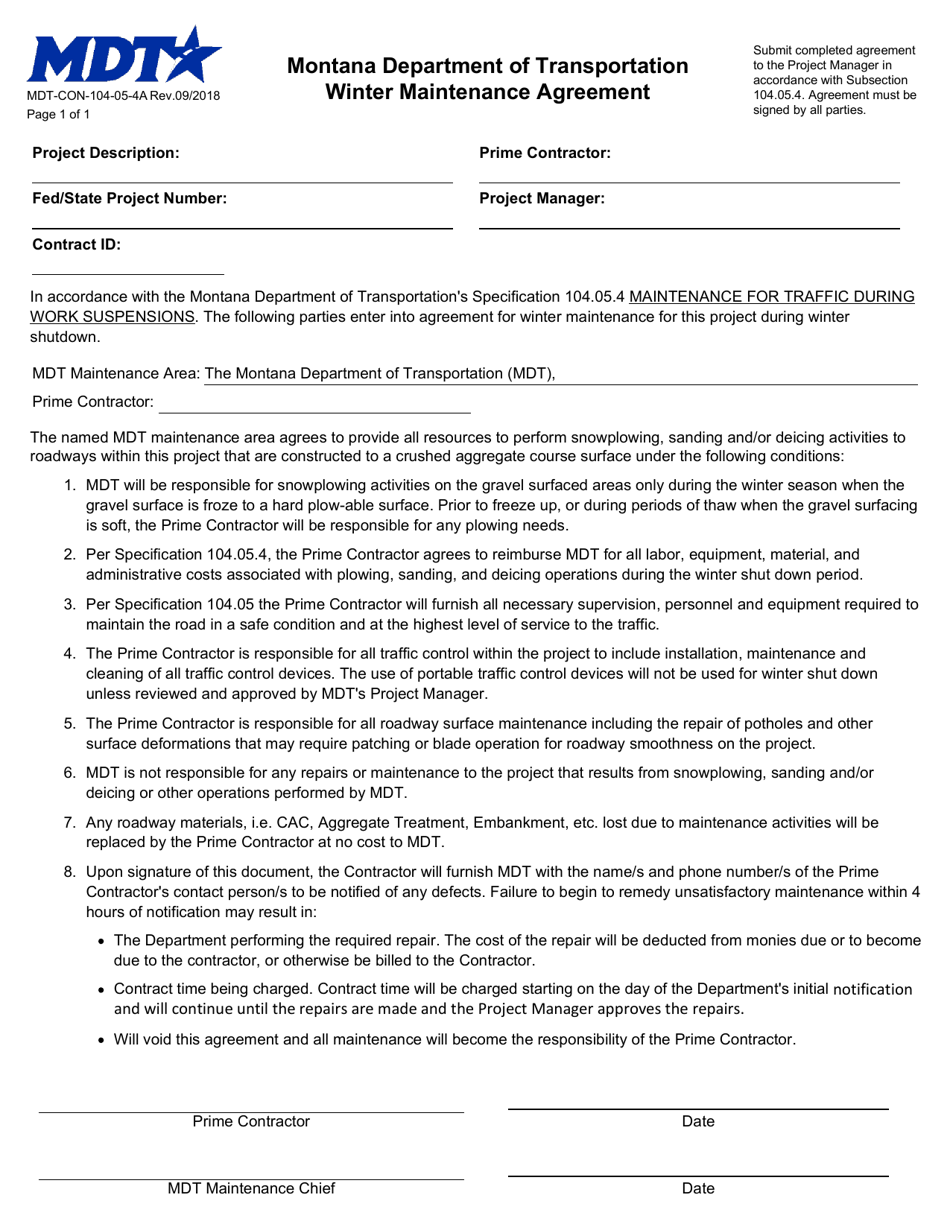 Form MDT-CON-104-05-4A Winter Maintenance Agreement - Montana, Page 1