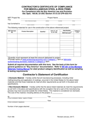 Form 406 Contractor&#039;s Certificate of Compliance for Miscellaneous Steel &amp; Iron Items - Montana
