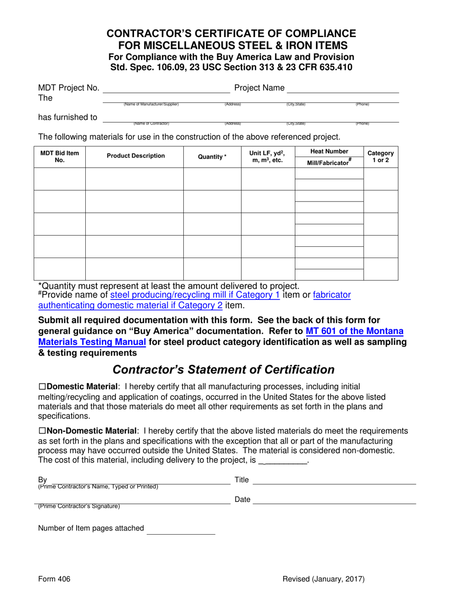 Form 406 Contractors Certificate of Compliance for Miscellaneous Steel  Iron Items - Montana, Page 1