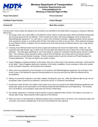 Form MDT-CON-107-07 &quot;Contractor Requirements and Acknowledgment for Working on Railroad Right-Of-Way&quot; - Montana