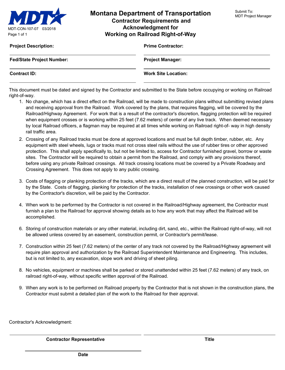 Form MDT-CON-107-07 Contractor Requirements and Acknowledgment for Working on Railroad Right-Of-Way - Montana, Page 1