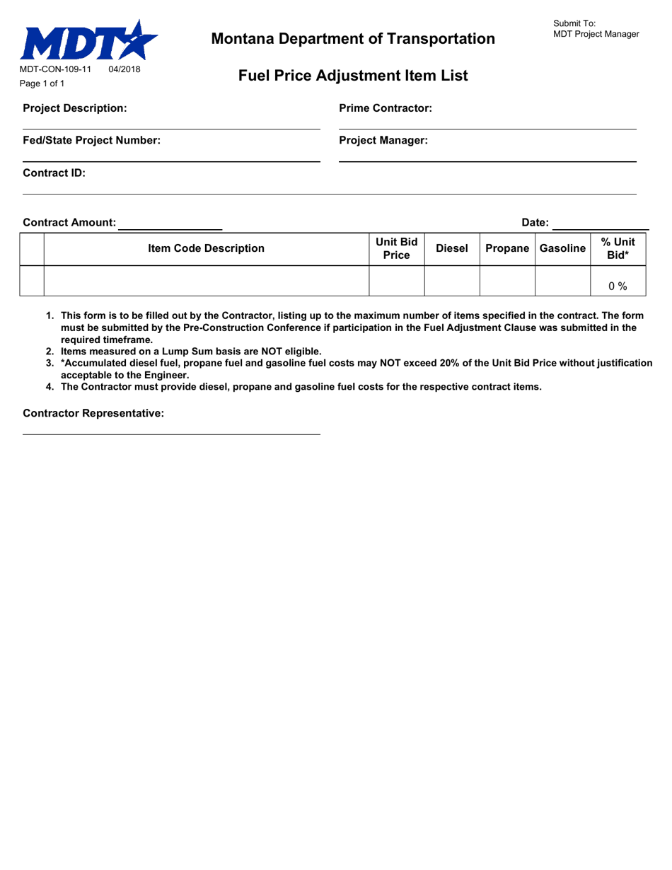 Form MDT-CON-109-11 Fuel Price Adjustment Item List - Montana, Page 1