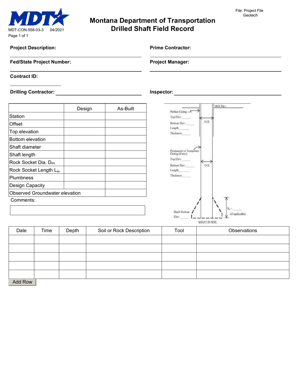 Form MDT-CON-558-03-3 Drilled Shaft Field Record - Montana, Page 1