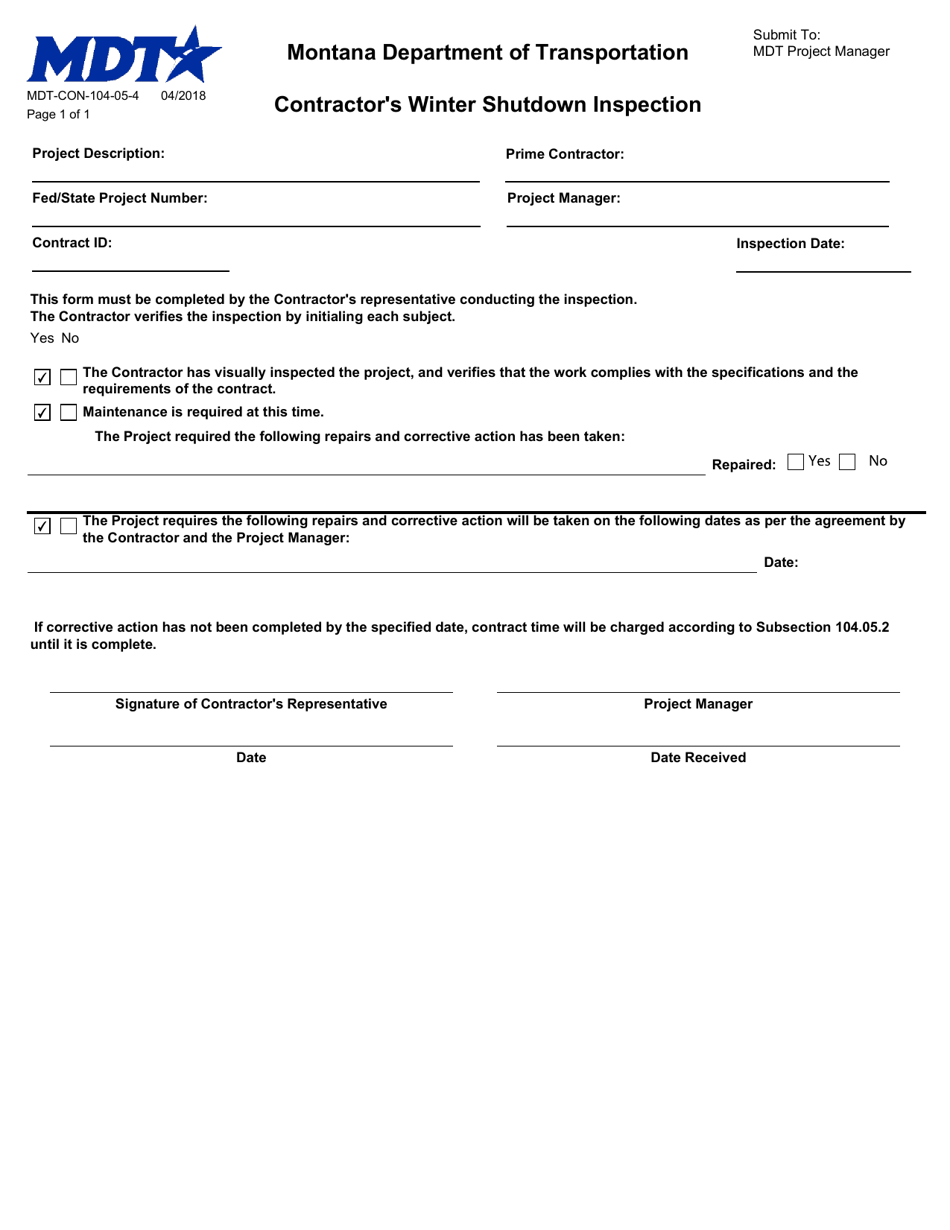 Form MDT-CON-104-05-4 Contractor's Winter Shutdown Inspection - Montana, Page 1
