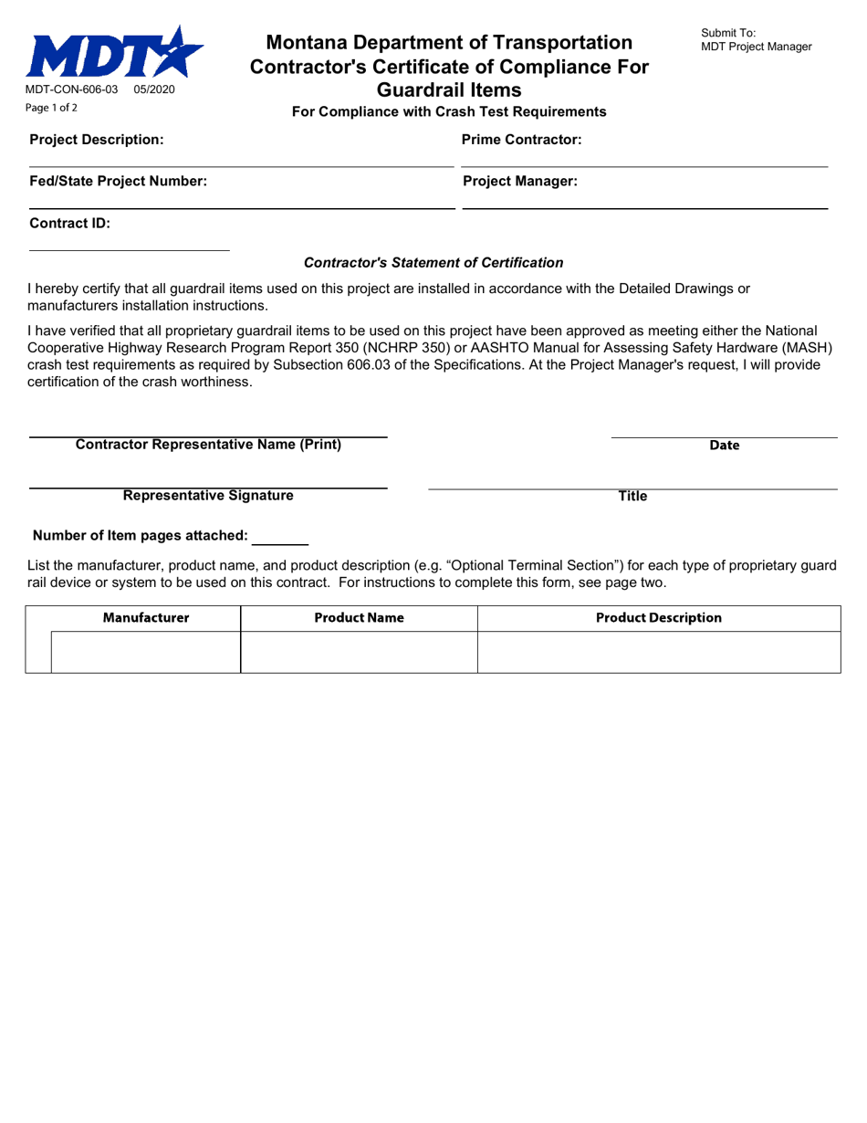 Form MDT-CON-606-03 Contractors Certificate of Compliance for Guardrail Items for Compliance With Crash Test Requirements - Montana, Page 1