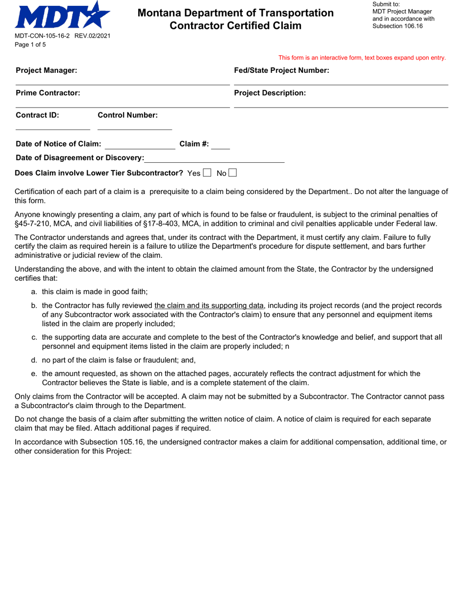 Form MDT-CON-105-16-2 Contractor Certified Claim - Montana, Page 1
