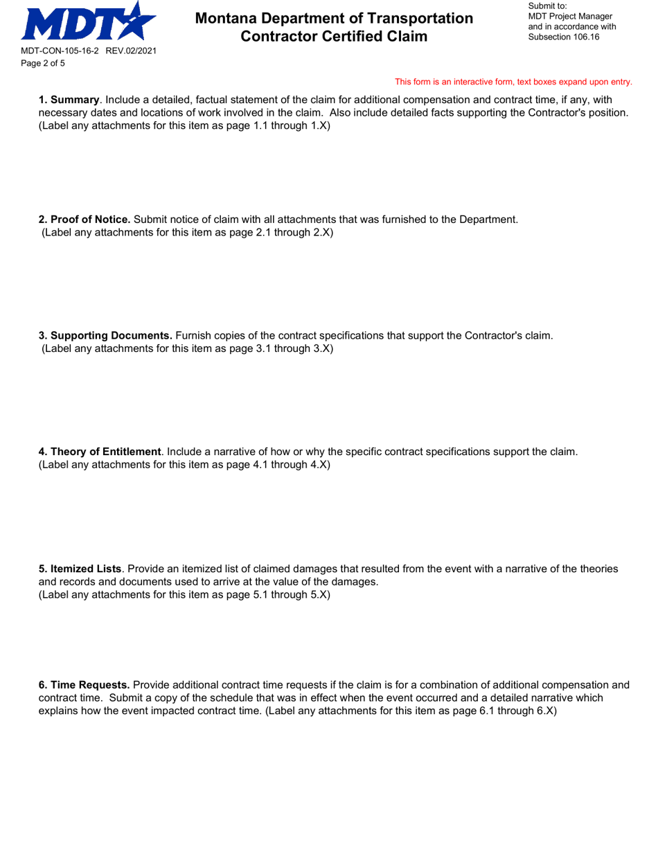 Form MDT-CON-105-16-2 Contractor Certified Claim - Montana, Page 2