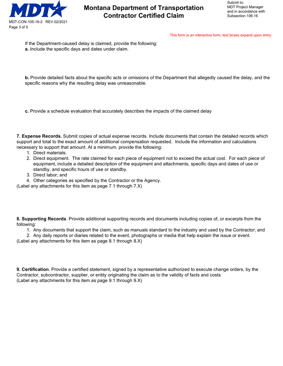 Form MDT-CON-105-16-2 Contractor Certified Claim - Montana, Page 3