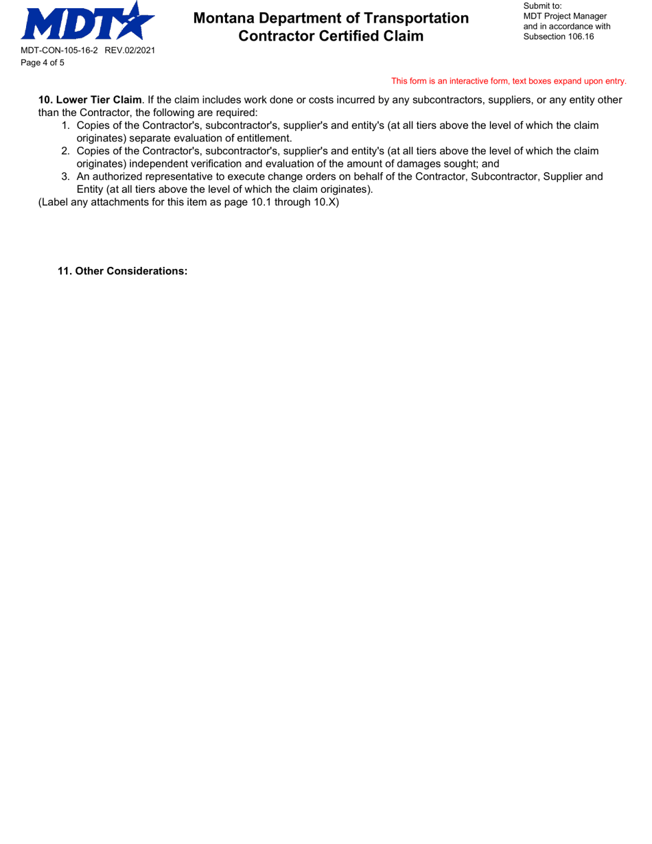 Form MDT-CON-105-16-2 Contractor Certified Claim - Montana, Page 4