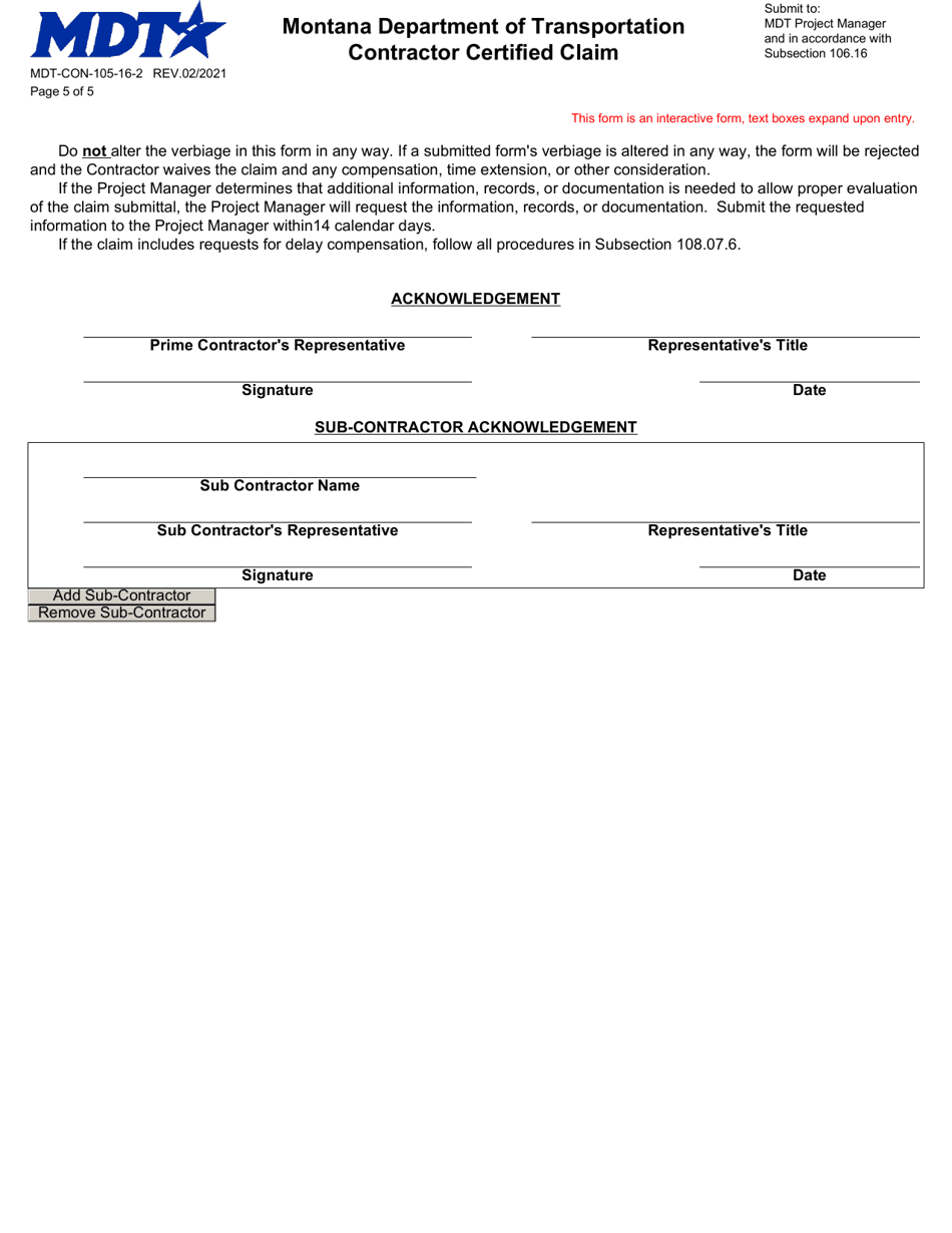 Form MDT-CON-105-16-2 Contractor Certified Claim - Montana, Page 5