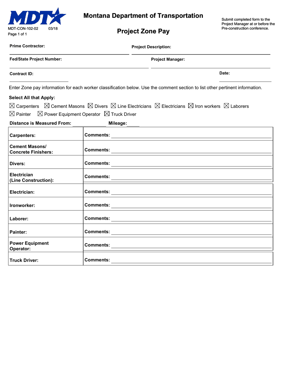 Form MDT-CON-102-02 Project Zone Pay - Montana, Page 1