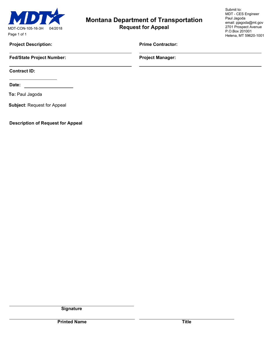 Form MDT-CON-105-16-3H Request for Appeal - Montana, Page 1