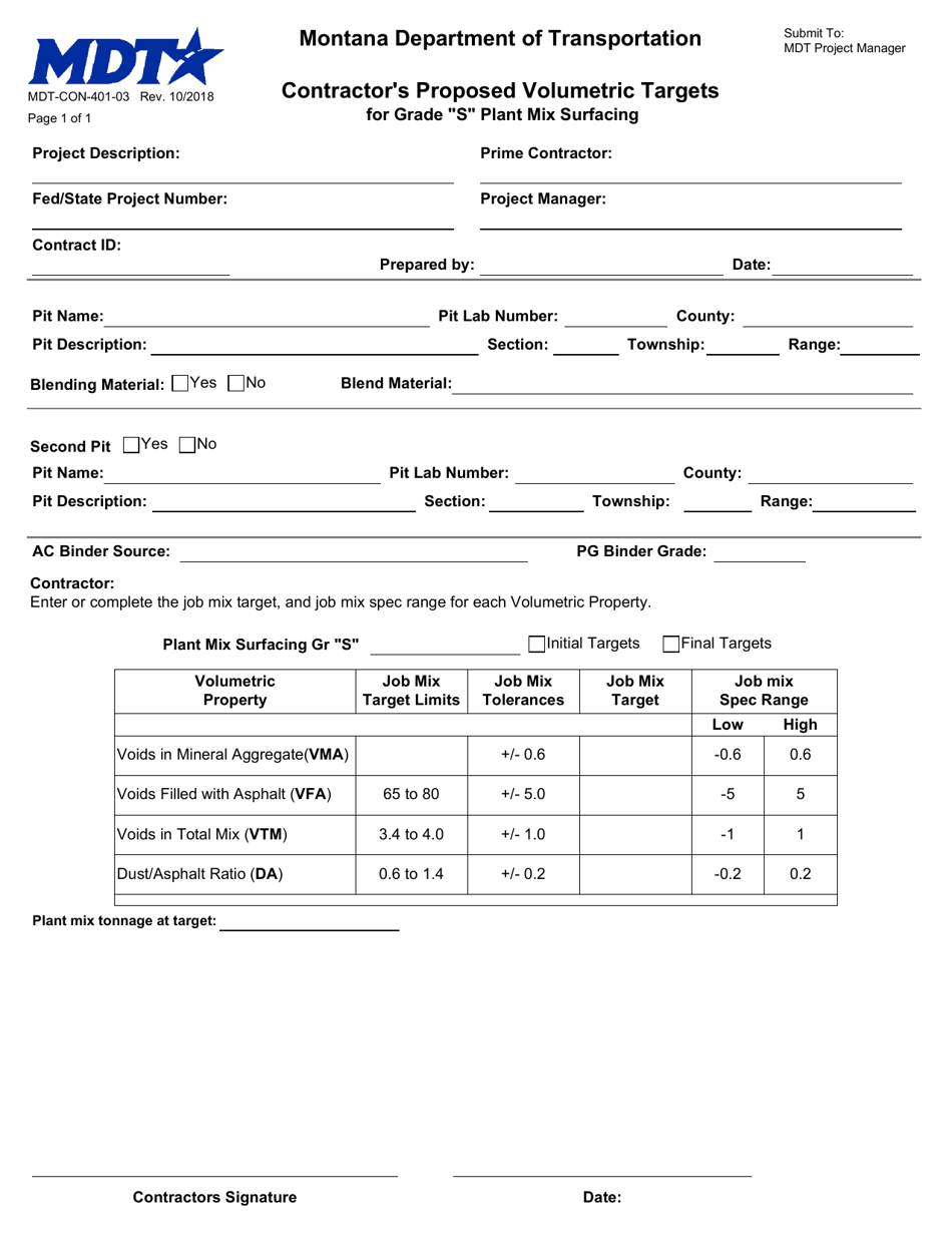 Form MDT-CON-401-03 Contractor's Proposed Volumetric Targets for Grade s Plant Mix Surfacing - Montana, Page 1